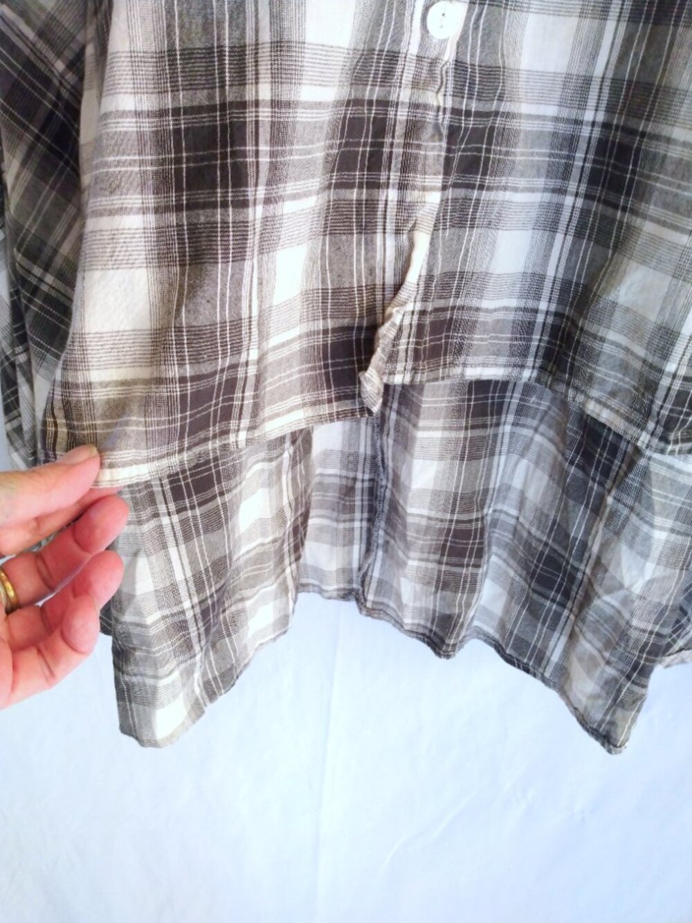 Tulip Plaid High‑Low Shirt Dress L Lagenlook Boho Cotton Asymmetrical Artsy - Picture 3 of 11